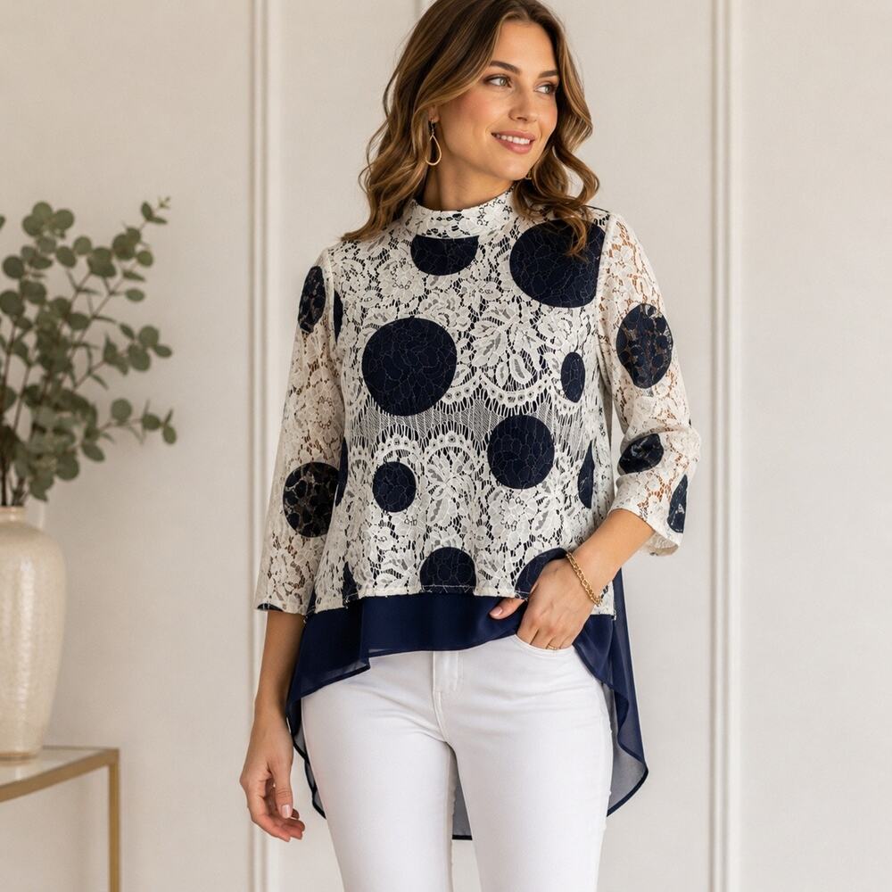 HD In Paris Anthropologie Lace Polka Dot High Low Blouse Top US 6 Navy Ivory